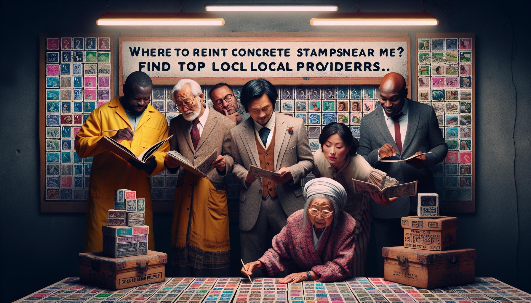 Where to Rent Concrete Stamps Near Me? Find Top Local Providers 45 a diverse group of people intently examining catalogs of concrete stamps, surrounded by stamp collections and boxes, with a sign reading "Where to rent concrete stamps near me? Find top local providers."