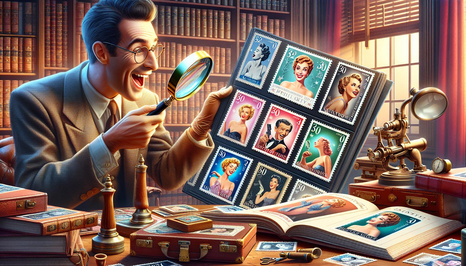 a vintage philately enthusiast excitedly examining a collection of classic Marilyn Monroe stamps with a magnifying glass in a cluttered study filled with collectible books and tools.