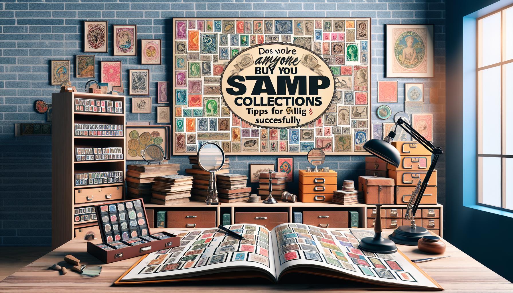 Does Anyone Buy Stamp Collections? Tips for Selling Yours Successfully 3 a vintage-themed workspace displaying stamp collection organization, appraisal tools, and an open book of stamps with a sign reading "Dos vous voulez acheter mes collections de timbres" and "Tipps for selling stamp collections successfully"