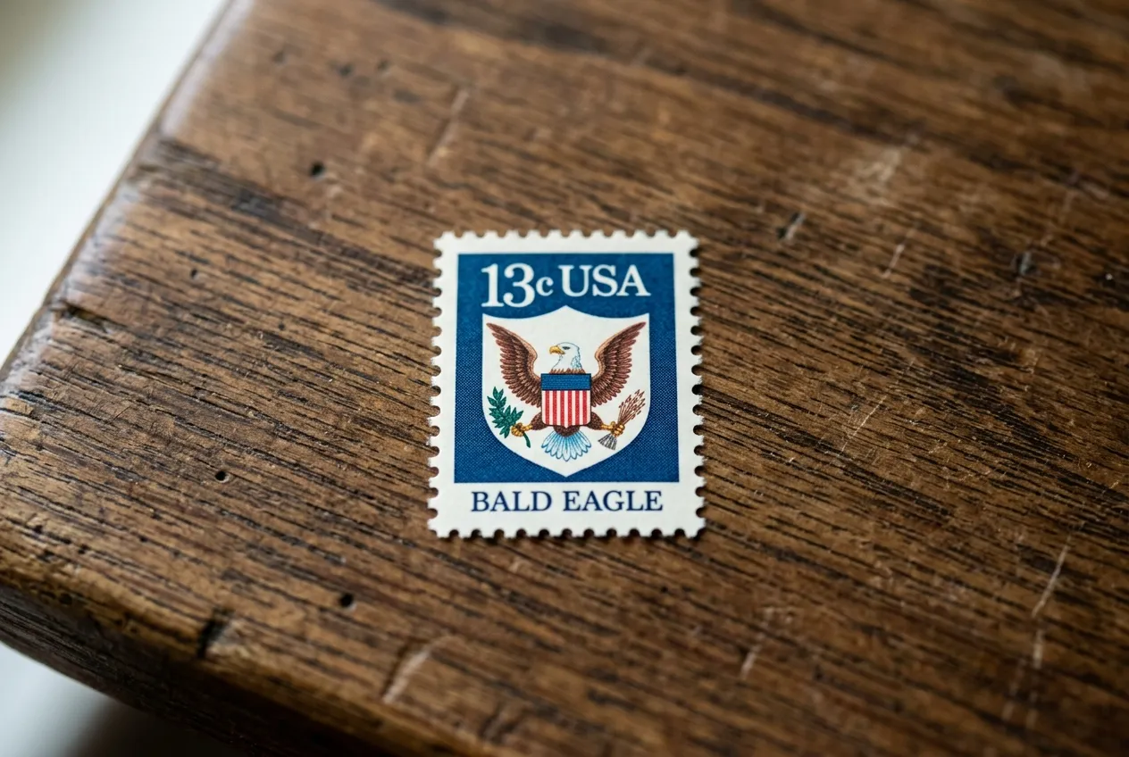Close up of a rare 13 cent stamp showing perfect centering and original gum