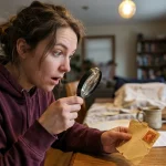 Person using a magnifying glass to check if 13 cent stamps are worth money