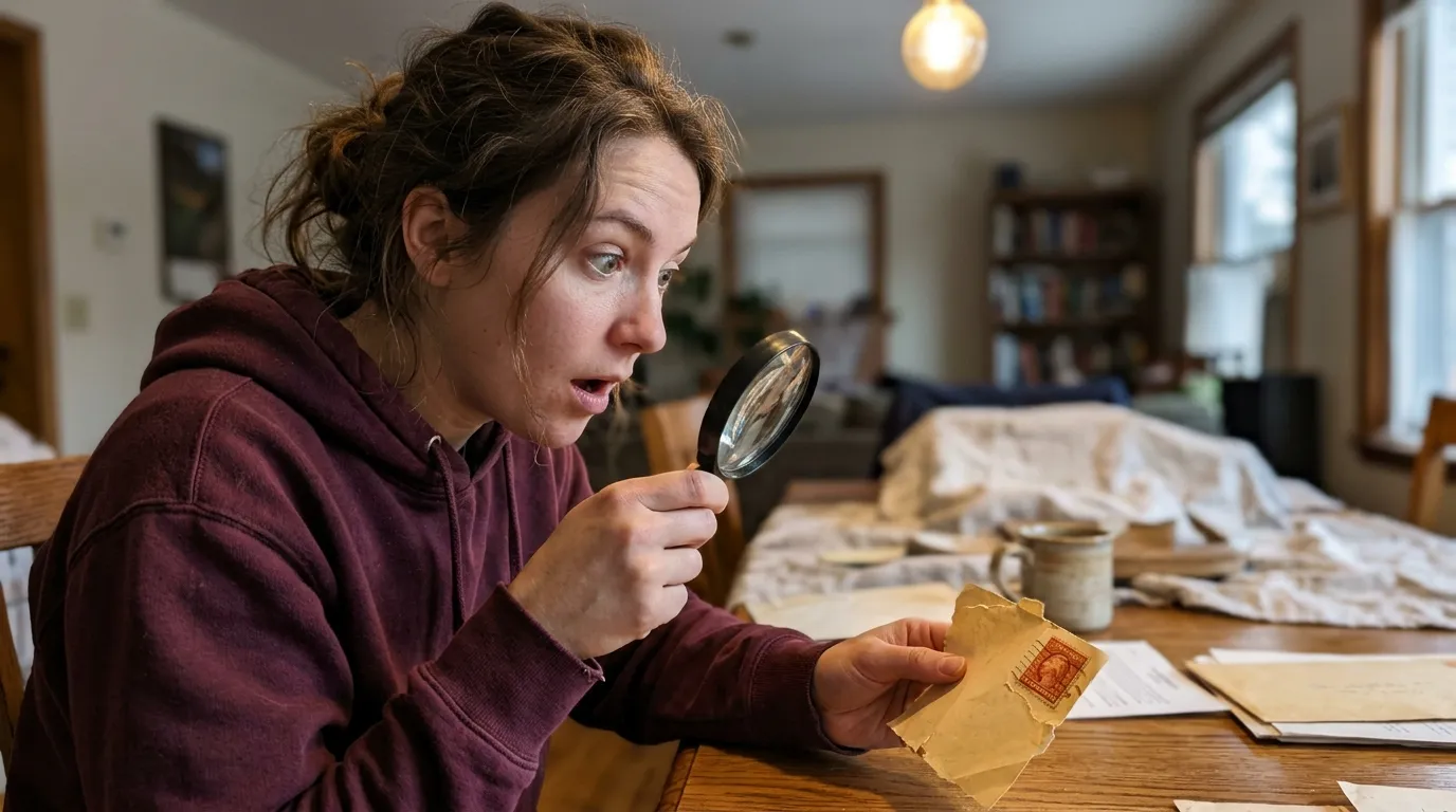 Person using a magnifying glass to check if 13 cent stamps are worth money