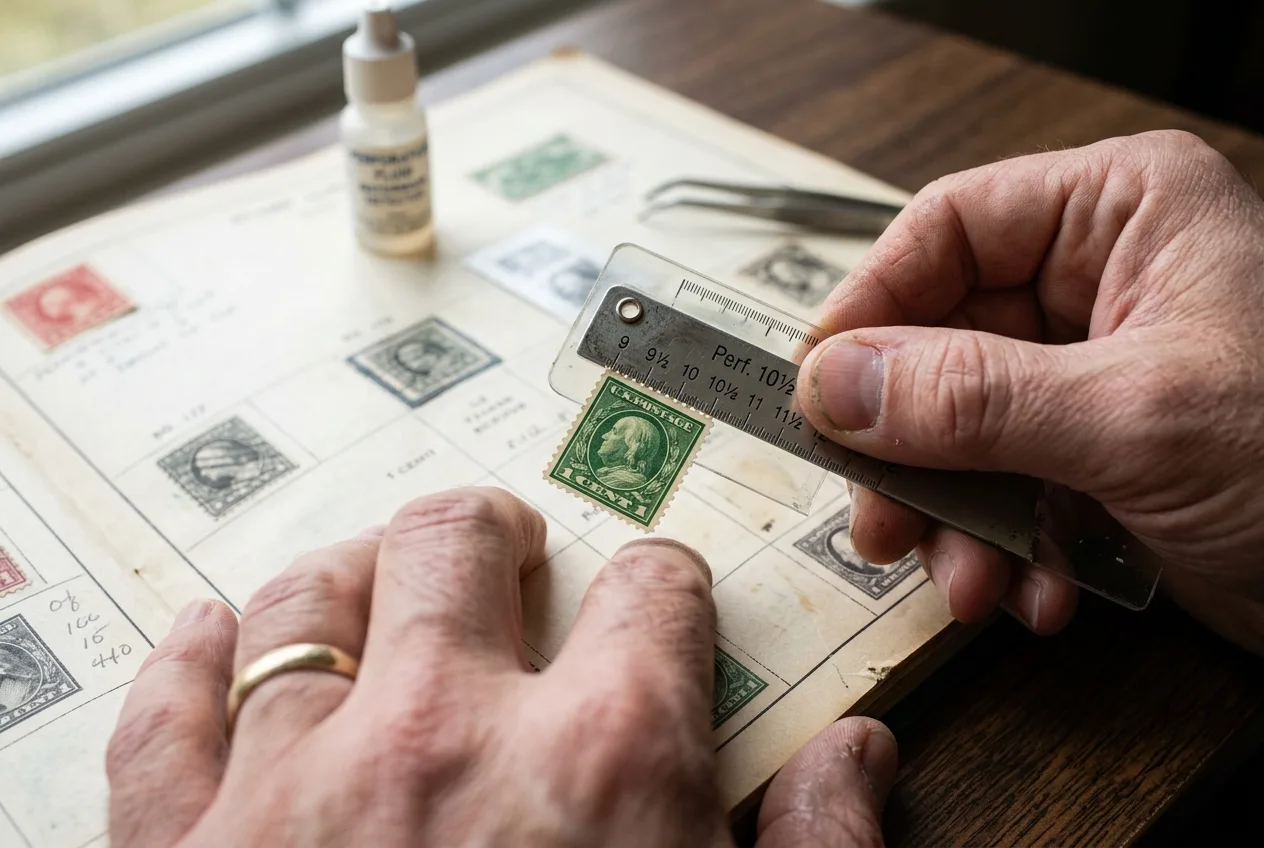 Checking the perforations of a 1919 one cent stamp with a gauge