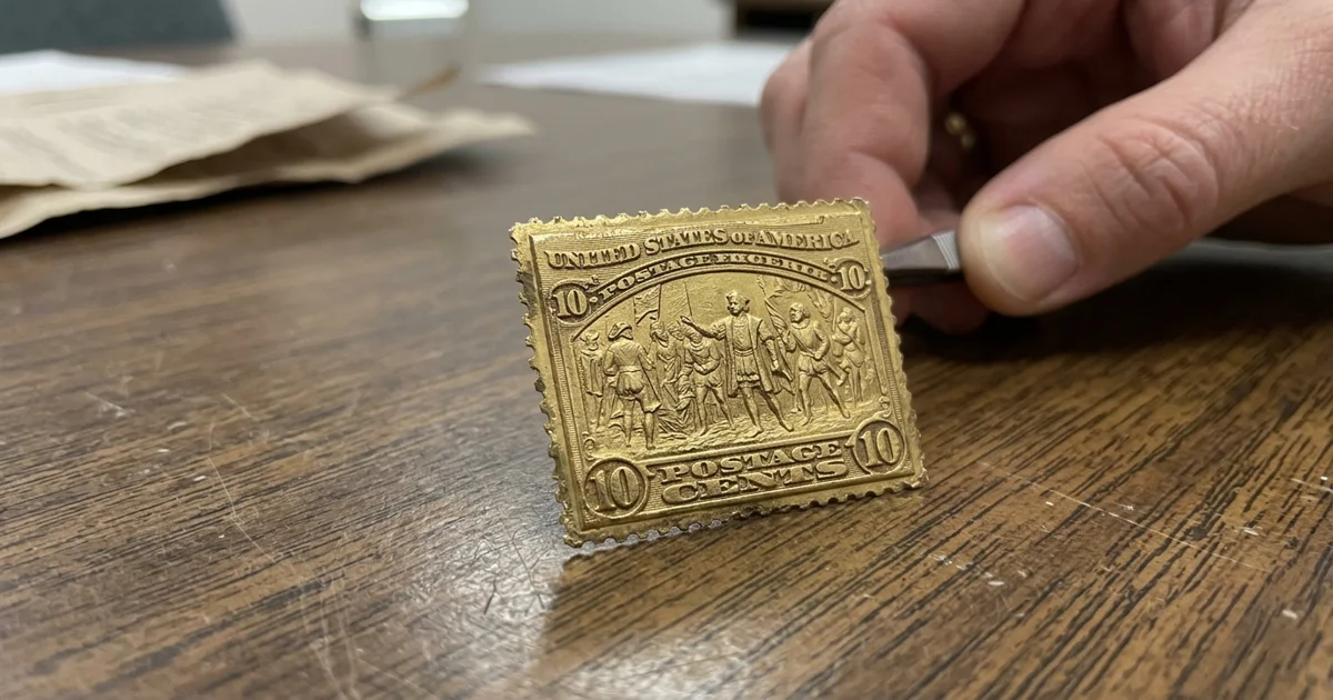 Golden Replicas of US Stamps 22k Gold Value Explained 3 Close-up of a 22k gold replica United States postage stamp