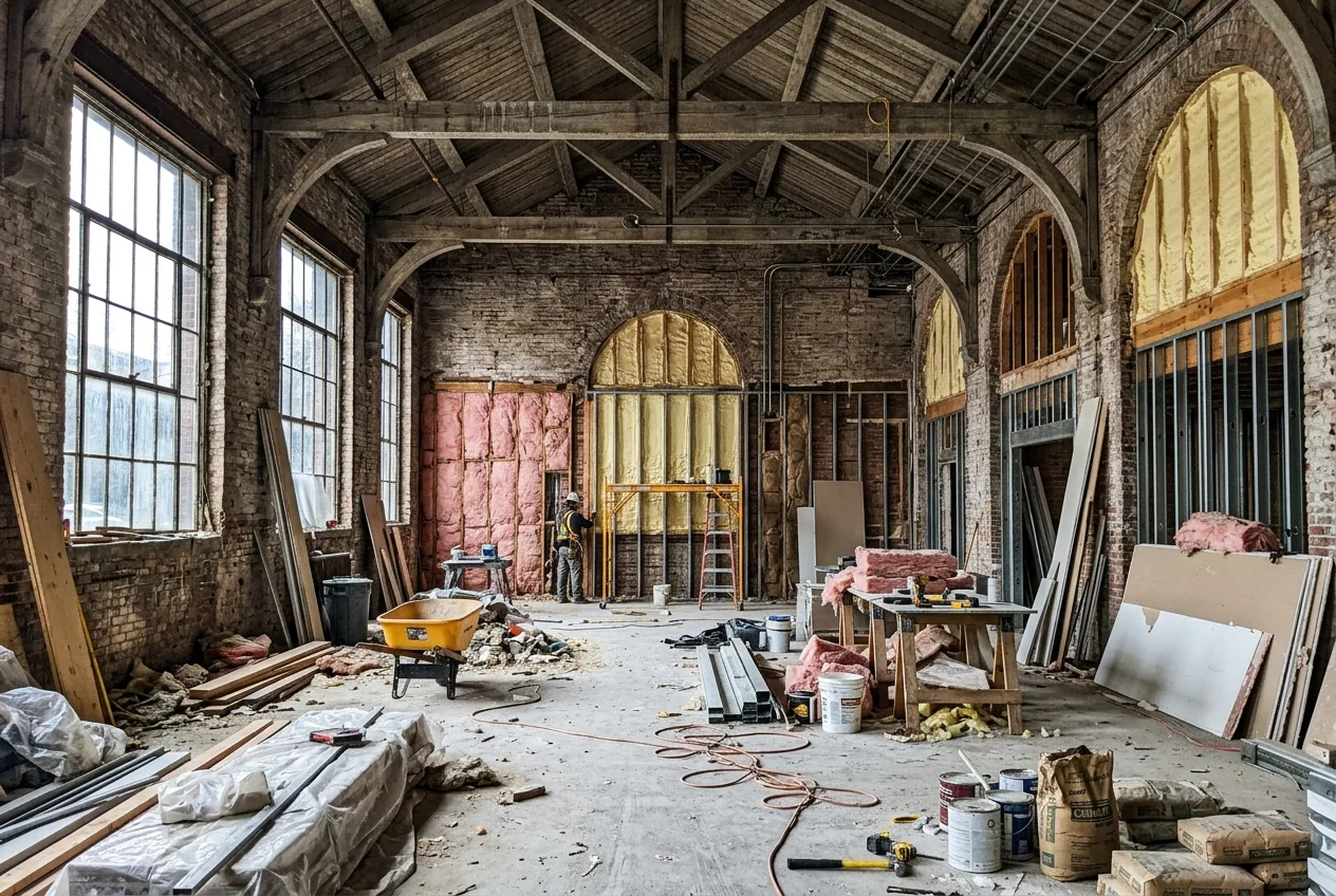 Bought a Old Post Office For a Home: The Brutally Honest Cost Breakdown 3 Interior view of an old post office showcasing high ceilings and retrofitted insulation