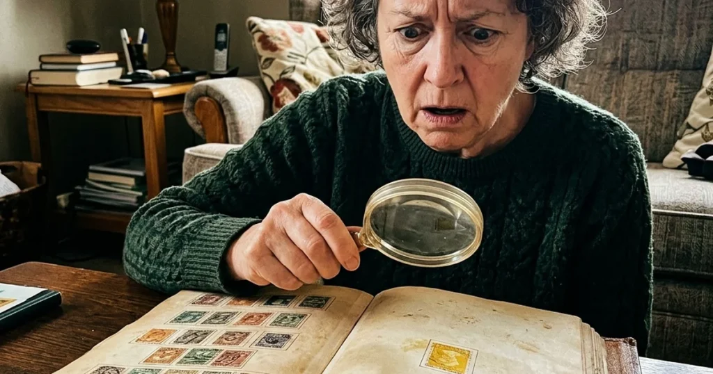 A magnifying glass inspecting old postage stamps to determine their value based on age and rarity.