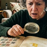 A magnifying glass inspecting old postage stamps to determine their value based on age and rarity.