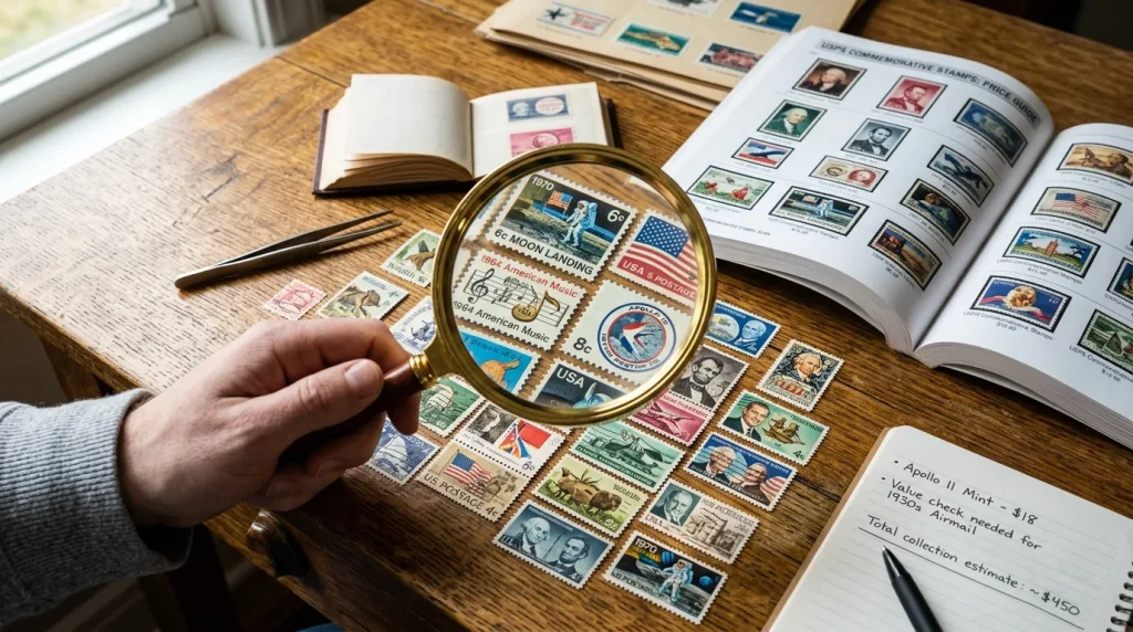Are Commemorative Stamps Worth Anything? The Brutal Truth About Your Collection 1 Magnifying glass over a collection of USPS commemorative stamps to determine if they are worth anything