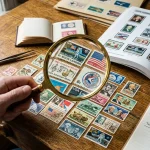 Magnifying glass over a collection of USPS commemorative stamps to determine if they are worth anything