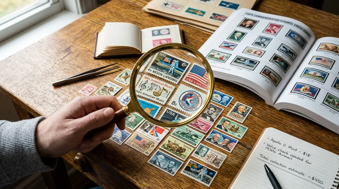 Are Commemorative Stamps Worth Anything? The Brutal Truth About Your Collection 2 Magnifying glass over a collection of USPS commemorative stamps to determine if they are worth anything