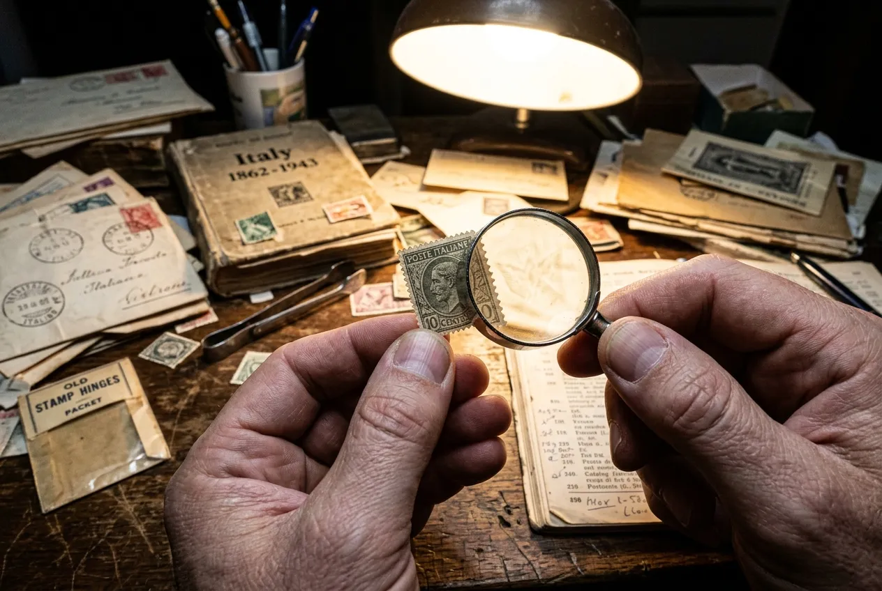 Checking watermarks and perforations on an Italian Republic stamp