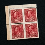 Canada 1932 KGV 3 cents red plate block of 4 stamps showing Medallion design