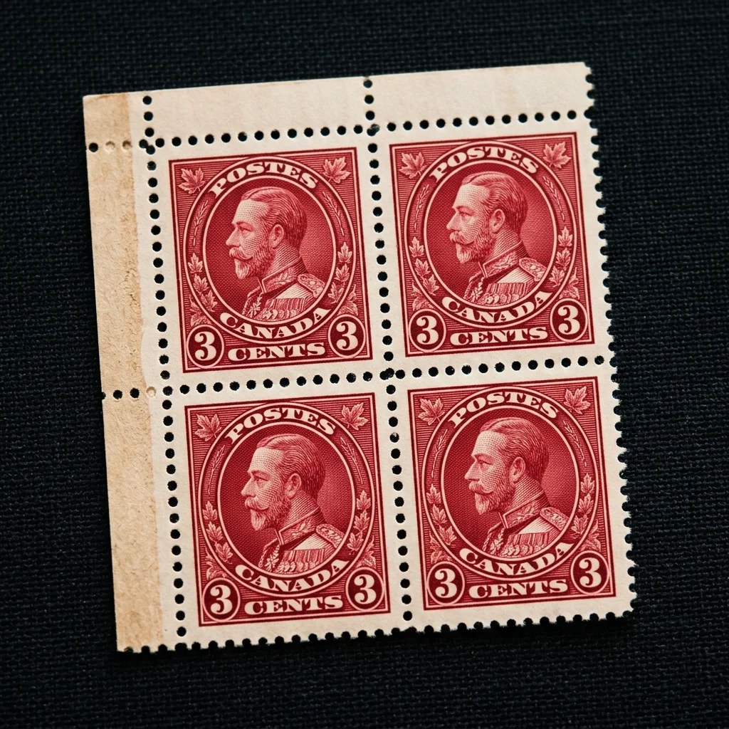 canada 1932 kgv.3.cents red plate blocks x 4 stamps Truth 23 Canada 1932 KGV 3 cents red plate block of 4 stamps showing Medallion design