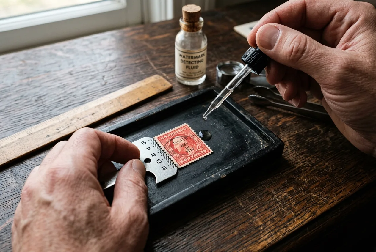 Stamp Two Cents United States Postage Red Oval: The 'Useless' Stamp That Sold for 5,000 (And How to Check Yours) 3 Person using a perforation gauge and watermark fluid on a red 2-cent Washington stamp