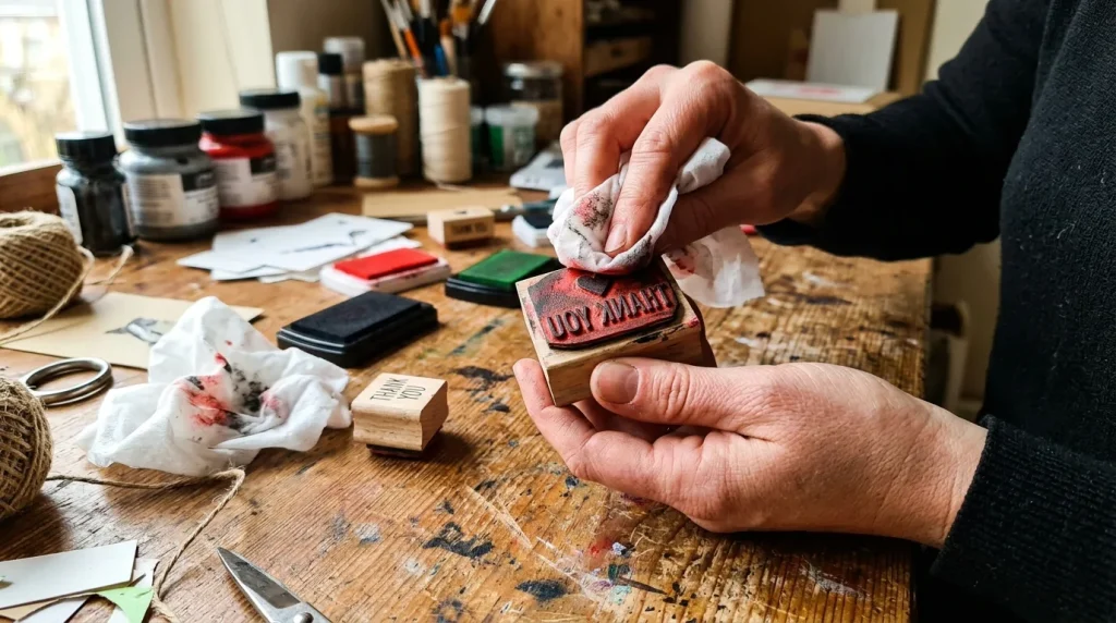 Do You Have to Clean Up a Stamp After You Use It? The Truth About Stamp Maintenance 1 A person cleaning a rubber stamp with a wet wipe