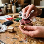 A person cleaning a rubber stamp with a wet wipe