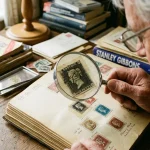 A magnifying glass examining a rare old postage stamp to determine its market value.