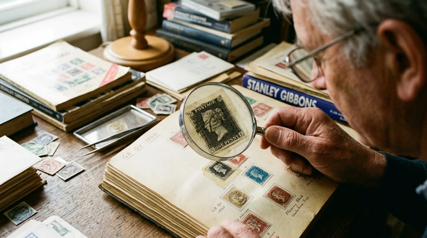 The Brutal Truth About Stamp Values: 2026 Collectible Postage Stamps Price Guide 2 A magnifying glass examining a rare old postage stamp to determine its market value.