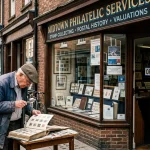 Exterior of a trusted local collectible stamp store with a philatelist examining postage stamps