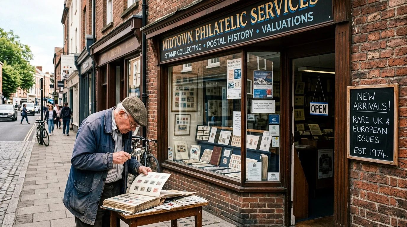 The Hidden Map of Rare Collectible Stamp Stores Near Me (2026 Guide) 2 Exterior of a trusted local collectible stamp store with a philatelist examining postage stamps