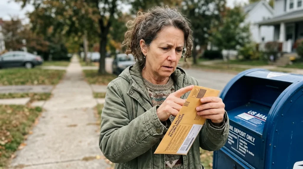 Stop Guessing: Do I Need Two Postage Stamps for Mail In Voting? 23 A person placing a mail-in voting ballot into a mailbox checking if two postage stamps are needed