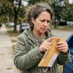 A person placing a mail-in voting ballot into a mailbox checking if two postage stamps are needed