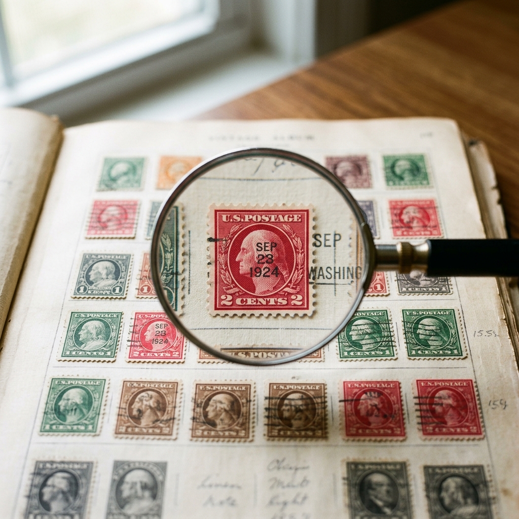 1922 George Washington Stamp Value: The Complete Collector's Guide 2 Magnifying loupe perfectly focused on a red 2-cent 1922 George Washington stamp highlighting rotary press details