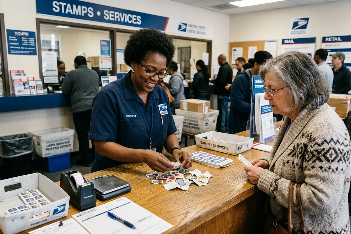USPS clerk exchanging damaged postage stamps at the post office counter.