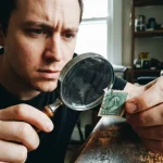 Magnifying glass examining an old postage stamp with a small tear