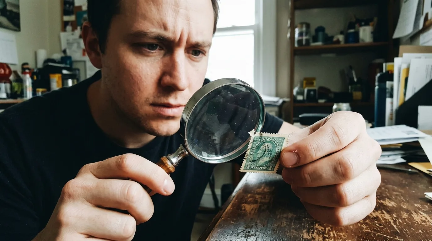 Will a Small Tear Ruin Your Stamp? (The Honest Truth on Value) 2 Magnifying glass examining an old postage stamp with a small tear