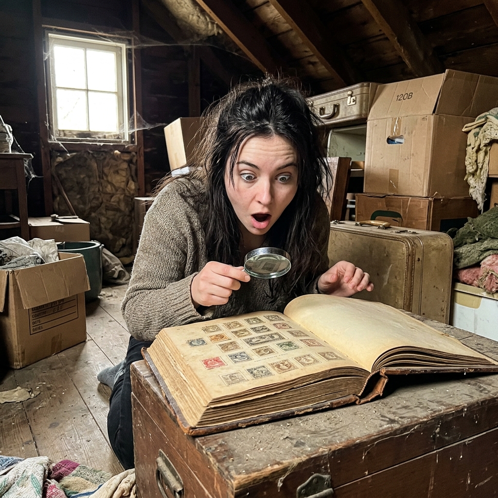A magnifying glass inspecting the most valuable united states stamps from a rare collection