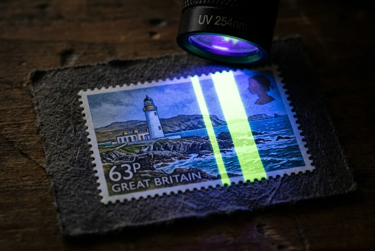 Lighthouse 63p Stamp Gold Error: How to Spot a Fake and Find Its True Value 3 Close up of a genuine missing gold stamp showing phosphor bands under UV light