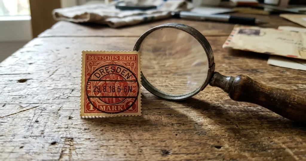 Is Your '1 Mark Deutsches Reich' Stamp Worth 00 or 10 Cents? (2026 Guide) 1 A 1 Mark Deutsches Reich Germania stamp next to a magnifying glass
