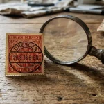 A 1 Mark Deutsches Reich Germania stamp next to a magnifying glass