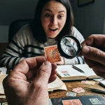 A magnifying glass inspecting old German stamps including Germania and Deutsches Reich issues