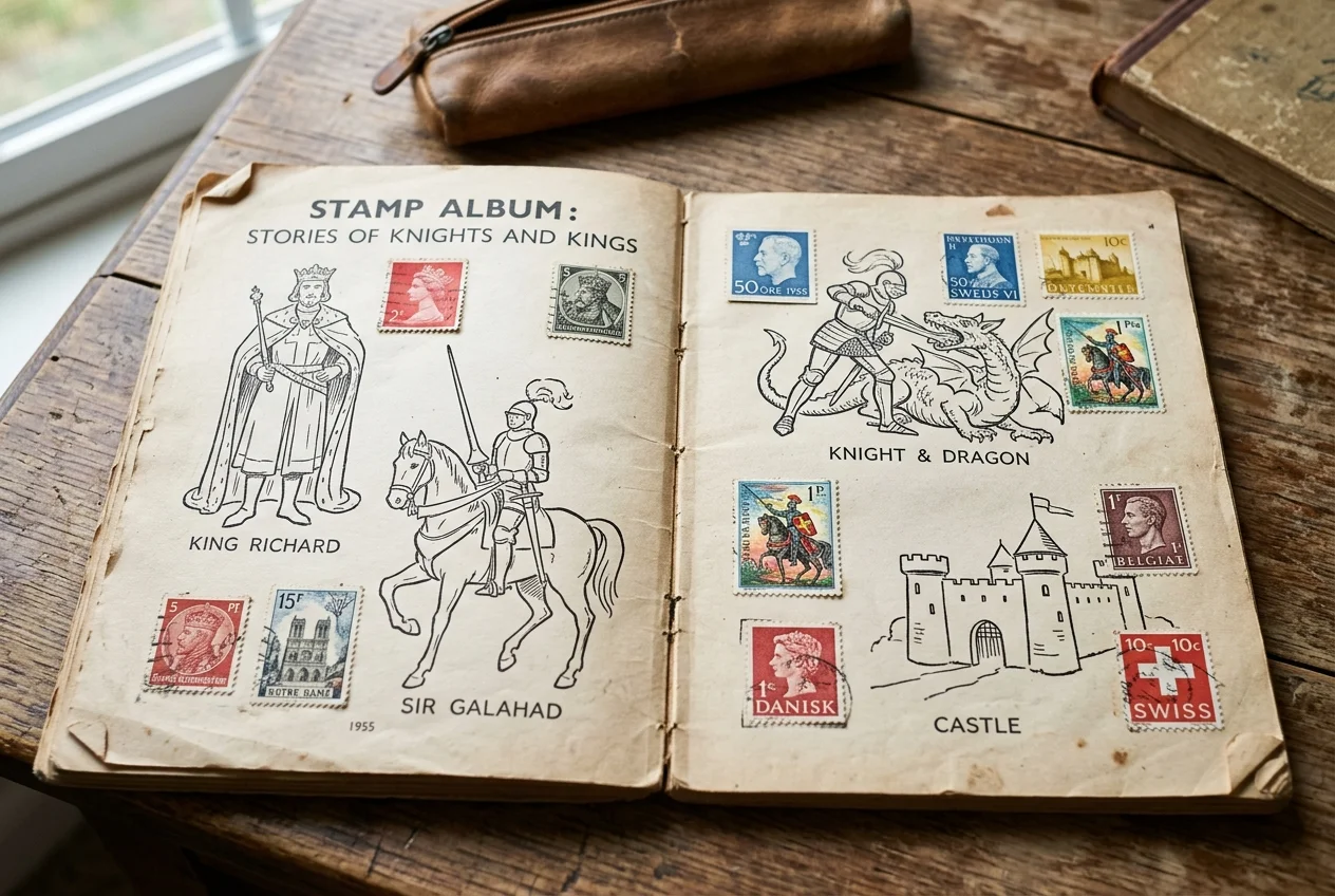 The Lost 1955 Golden Stamp Book: In Days of Old (Value & History) 3 Inside pages of the In Days of Old Golden Stamp Book showing line drawings and full-color pasted stamps
