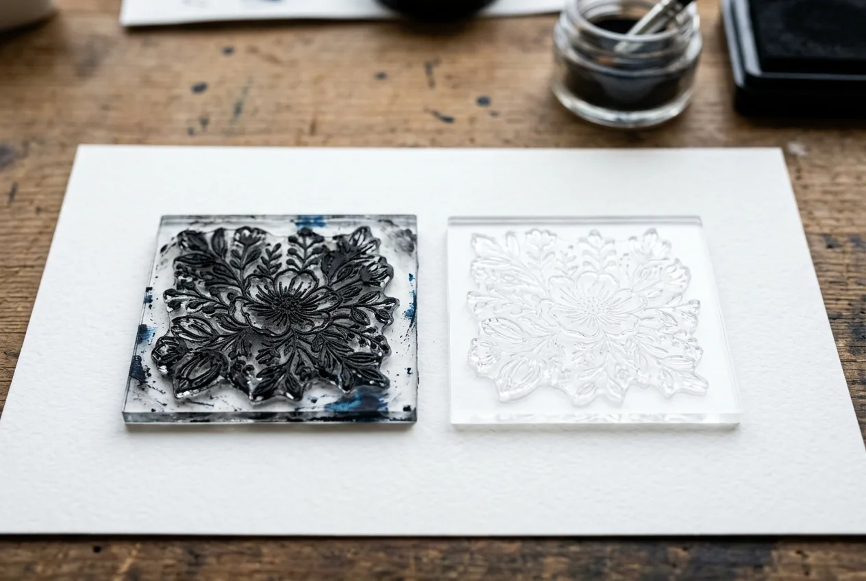 Do You Have to Clean Up a Stamp After You Use It? The Truth About Stamp Maintenance 3 A dirty ink-stained clear stamp next to a clean one