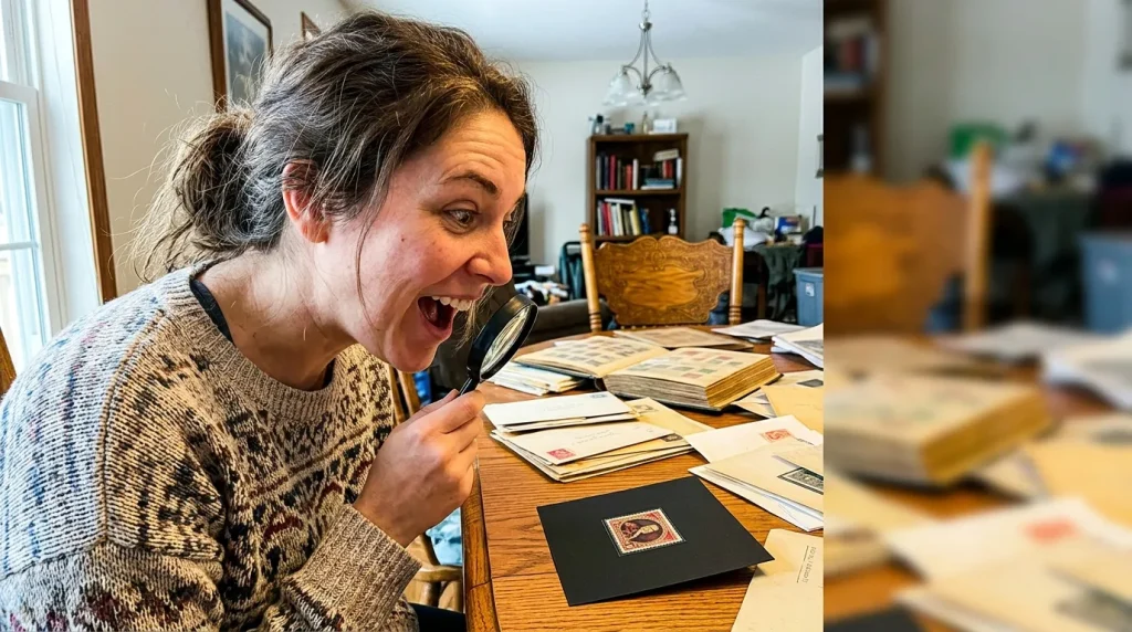 How to Recognise Rare Valuable Stamps in Personal Collection: Secret Signs of Value 1 A person using a magnifying glass to inspect an old, rare stamp from an inherited personal collection.