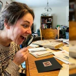 A person using a magnifying glass to inspect an old, rare stamp from an inherited personal collection.