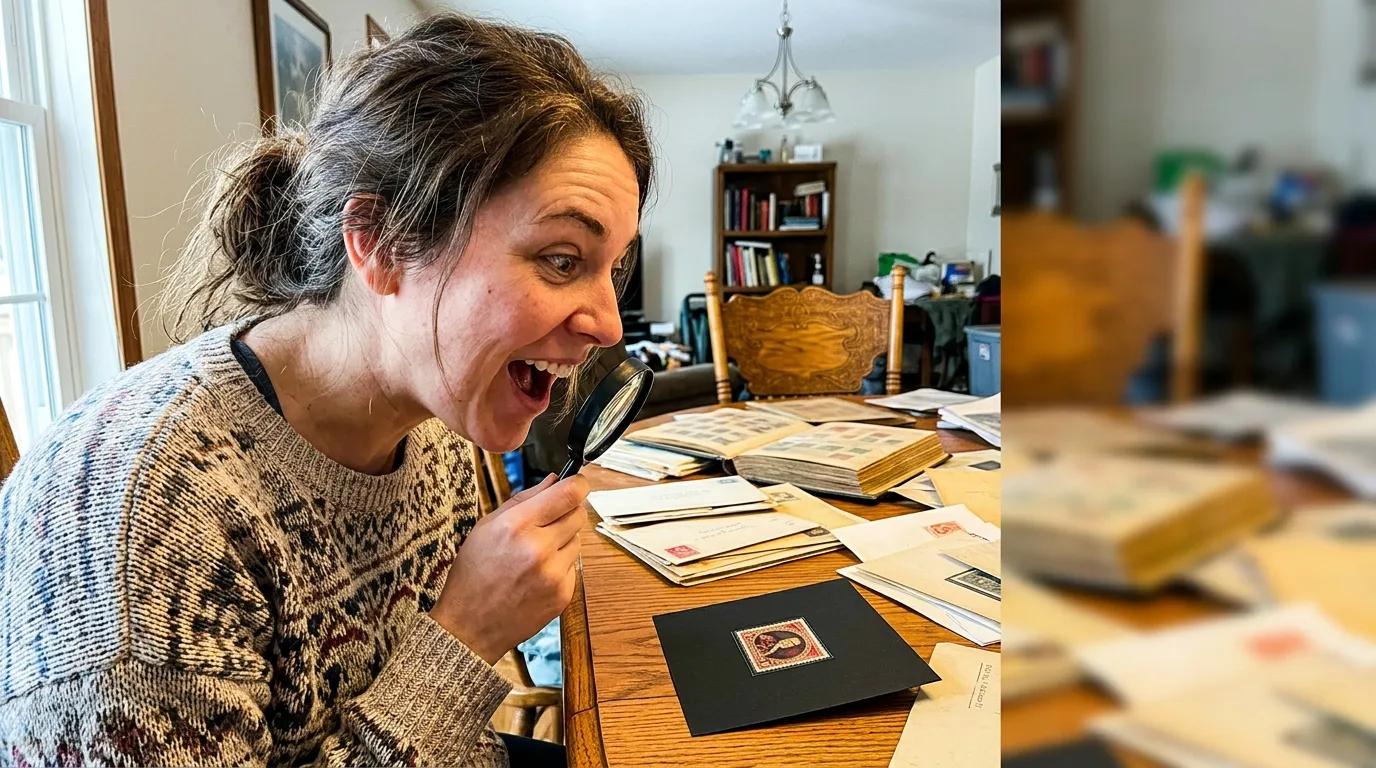 How to Recognise Rare Valuable Stamps in Personal Collection: Secret Signs of Value 2 A person using a magnifying glass to inspect an old, rare stamp from an inherited personal collection.