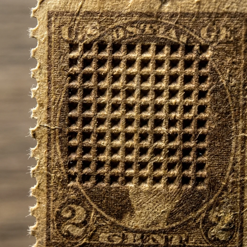 Brown Colored George Washington Stamp Half Cent Z Grill Value 2 Close up of grill points and perforations on a brown George Washington stamp