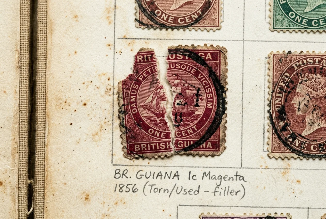 Will a Small Tear Ruin Your Stamp? (The Honest Truth on Value) 3 Close up of a rare damaged stamp used as a space filler in an album