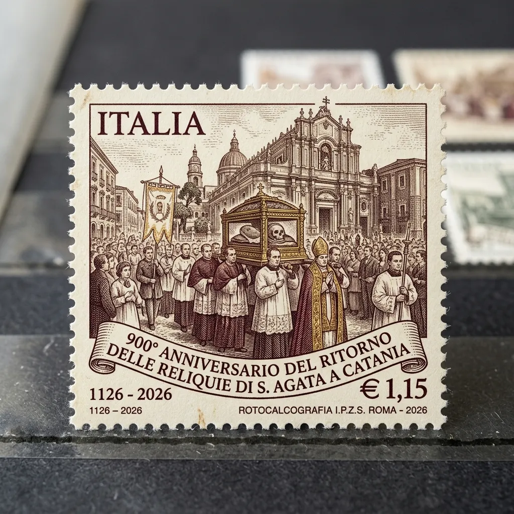 Italian Return of Relics of St. Agatha Stamp 2026: Valuation Guide 30 Francobollo commemorativo italiano del ritorno delle reliquie di Sant'Agata 2026