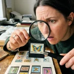 A magnifying glass inspecting the latest Malawi butterfly stamps errors for missing colors and watermark varieties