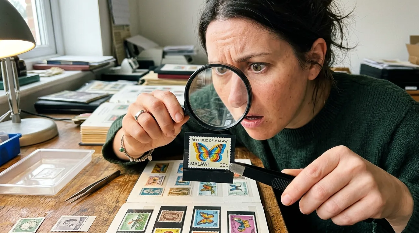 Latest Malawi Butterfly Stamps Errors: Don't Fall for the Counterfeit Trap 2 A magnifying glass inspecting the latest Malawi butterfly stamps errors for missing colors and watermark varieties