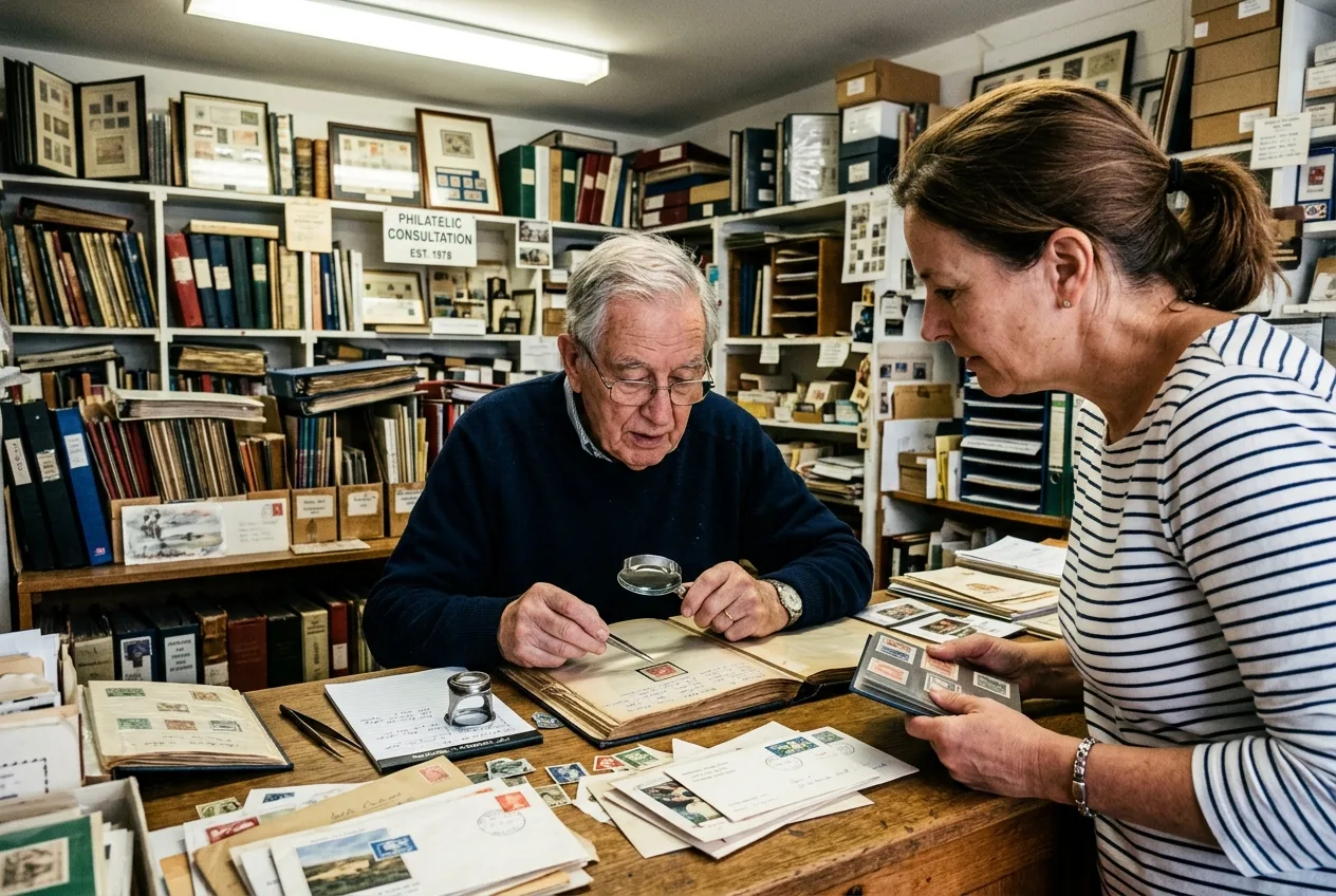 The Hidden Map of Rare Collectible Stamp Stores Near Me (2026 Guide) 4 Customer consulting with a stamp dealer during a professional stamp appraisal at a local philatelic shop - detail