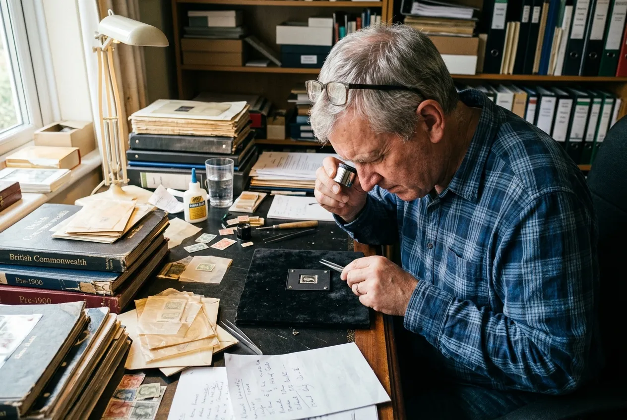 Professional philatelist examining a rare mint condition stamp