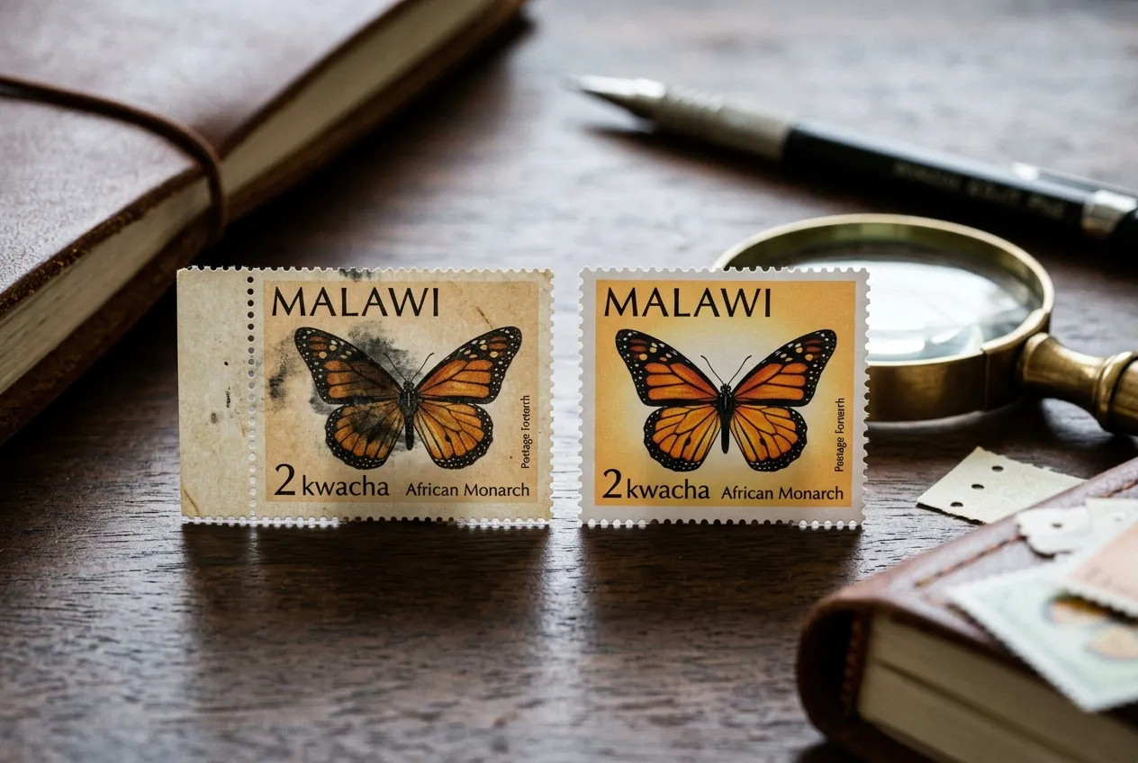 Latest Malawi Butterfly Stamps Errors: Don't Fall for the Counterfeit Trap 3 Comparison of a genuine Malawi butterfly stamp misprint against a modern counterfeit forgery
