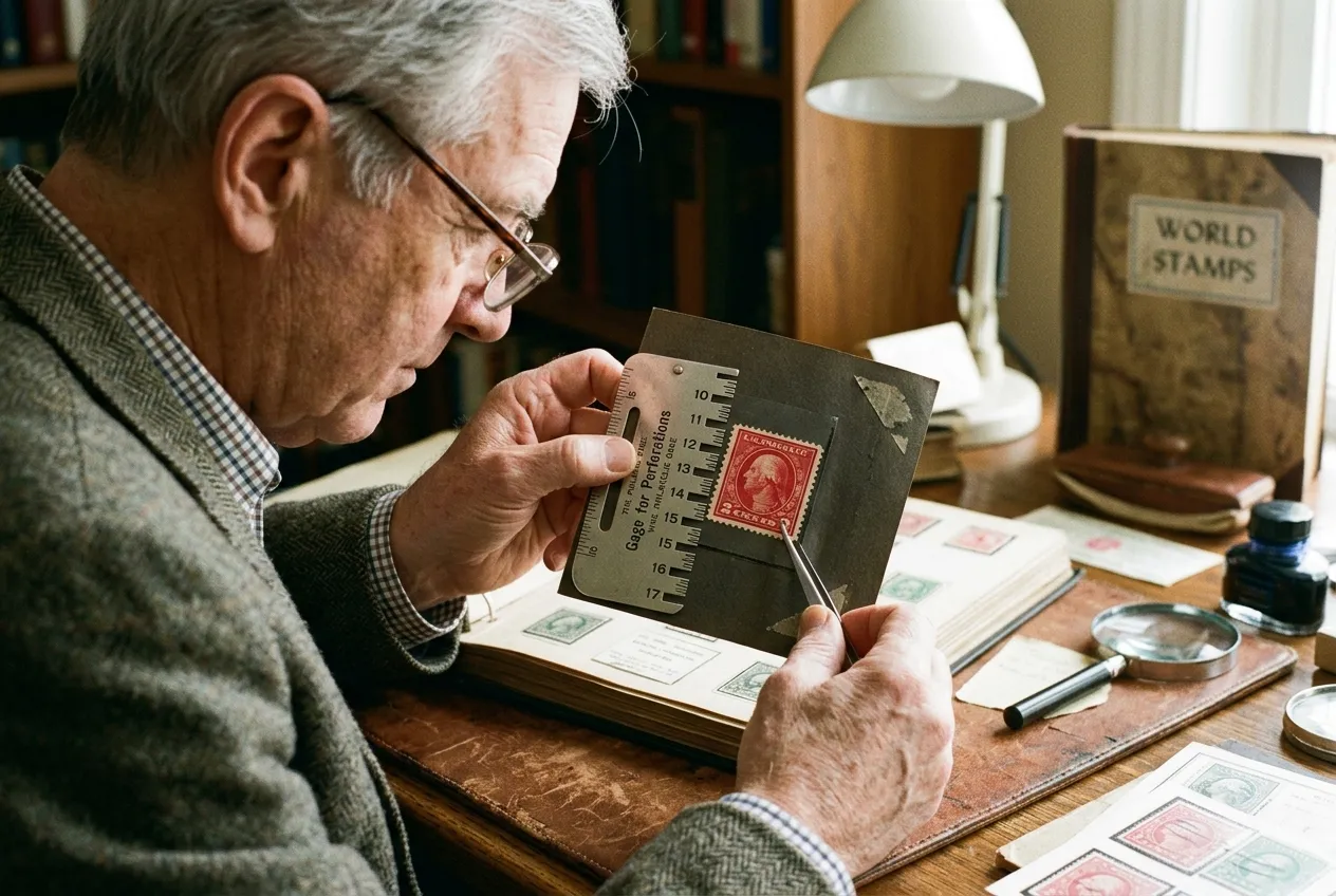 Red 2 Cent George Washington Stamp Value: A Collector's Guide 3 A collector using a perforation gauge to measure the holes on a red 2 cent stamp.
