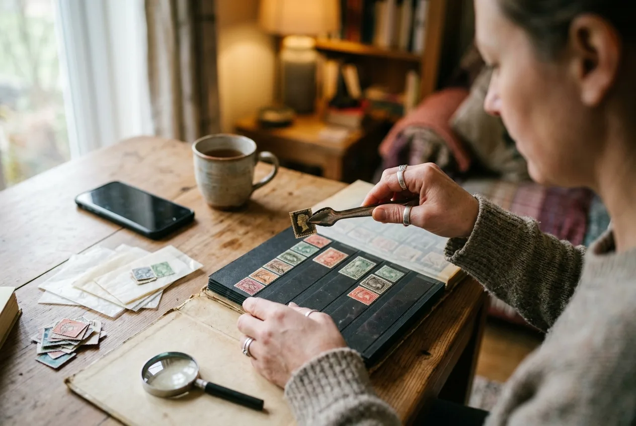 Confessions of a Philatelist: How I Fell in Love with Collecting Stamps 2 A person unplugging from screens to enjoy sorting a stamp collection